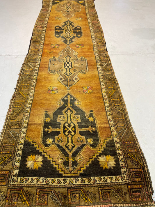 Hand-Knotted Wool Runner Turkish Oushak 3'5" x 12'1"