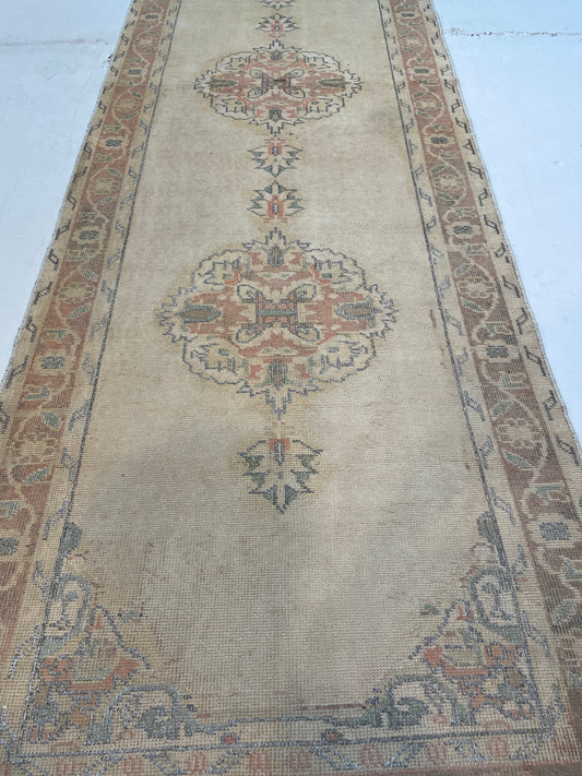 Hand-Knotted Wool Runner Turkish Oushak 3'5" x 12'