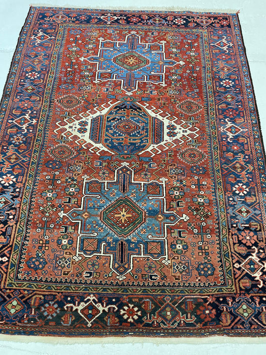 Antique Hand-Knotted Wool Rug Heriz Karajeh 4'7" x 6'3"