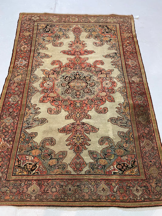 Hand-Knotted Wool Rug Kurdish Malayer Mishan Serapi Design 4'2" x 8'7"