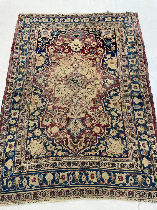 Antique Hand-Knotted Wool Rug Mashad/Khorasan 3'2" x 4'2"