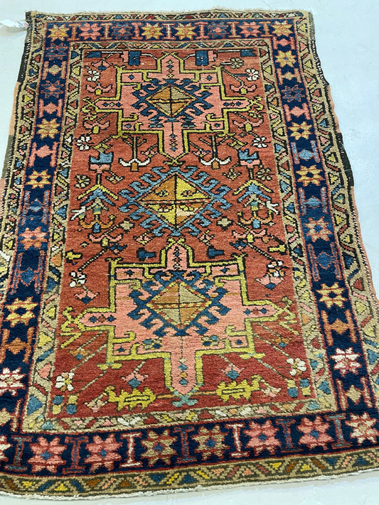 Hand-Knotted Wool Rug Karajeh Heriz 3'2" x 4'5"