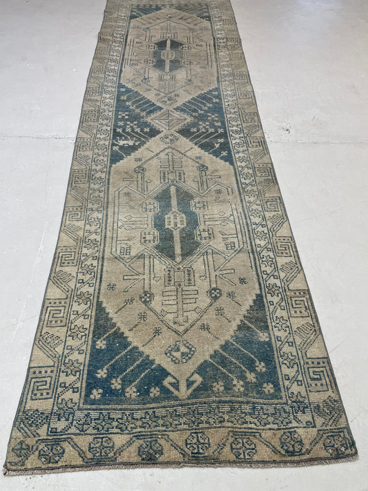 Hand-Knotted Wool Runner Turkish Oushak 3'1" x 11'