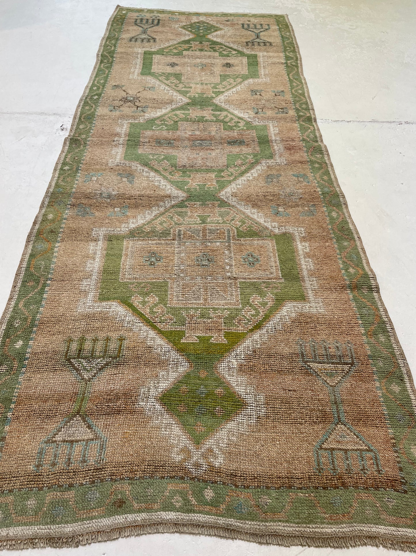 Hand-Knotted Wool Runner Turkish Oushak 3'10" x 10'2"