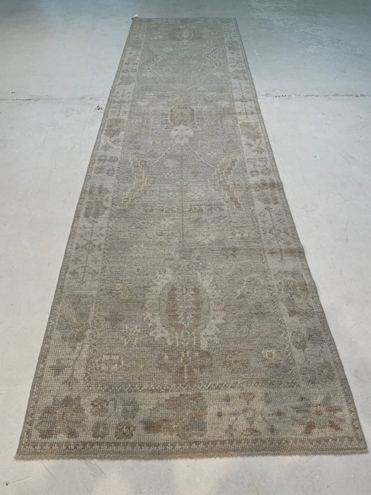 Hand-Knotted Wool Runner Turkish Oushak 3'1" x 11'10"