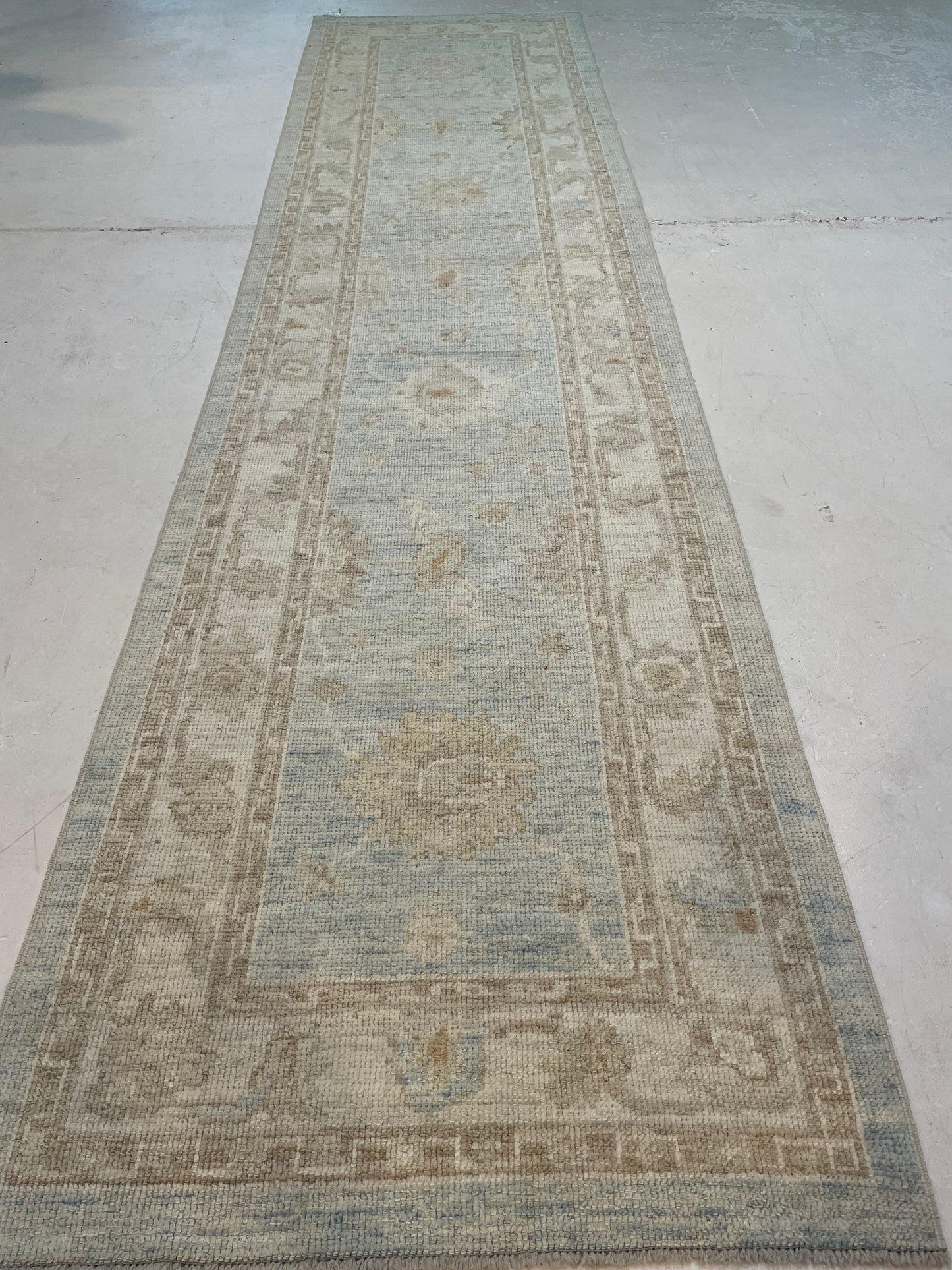 Hand-Knotted Wool Runner Turkish Oushak 3' x 12'