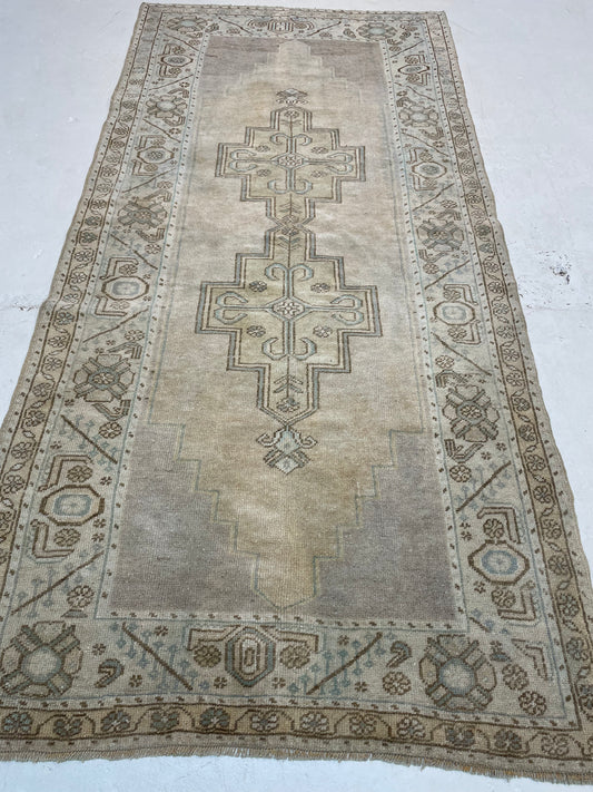Hand-Knotted Wool Runner Turkish Oushak 3'4" x 7'