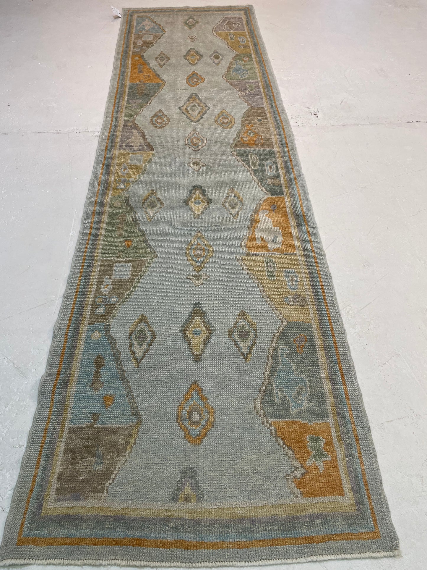 Hand-Knotted Wool Runner Turkish Oushak 3' x 11'