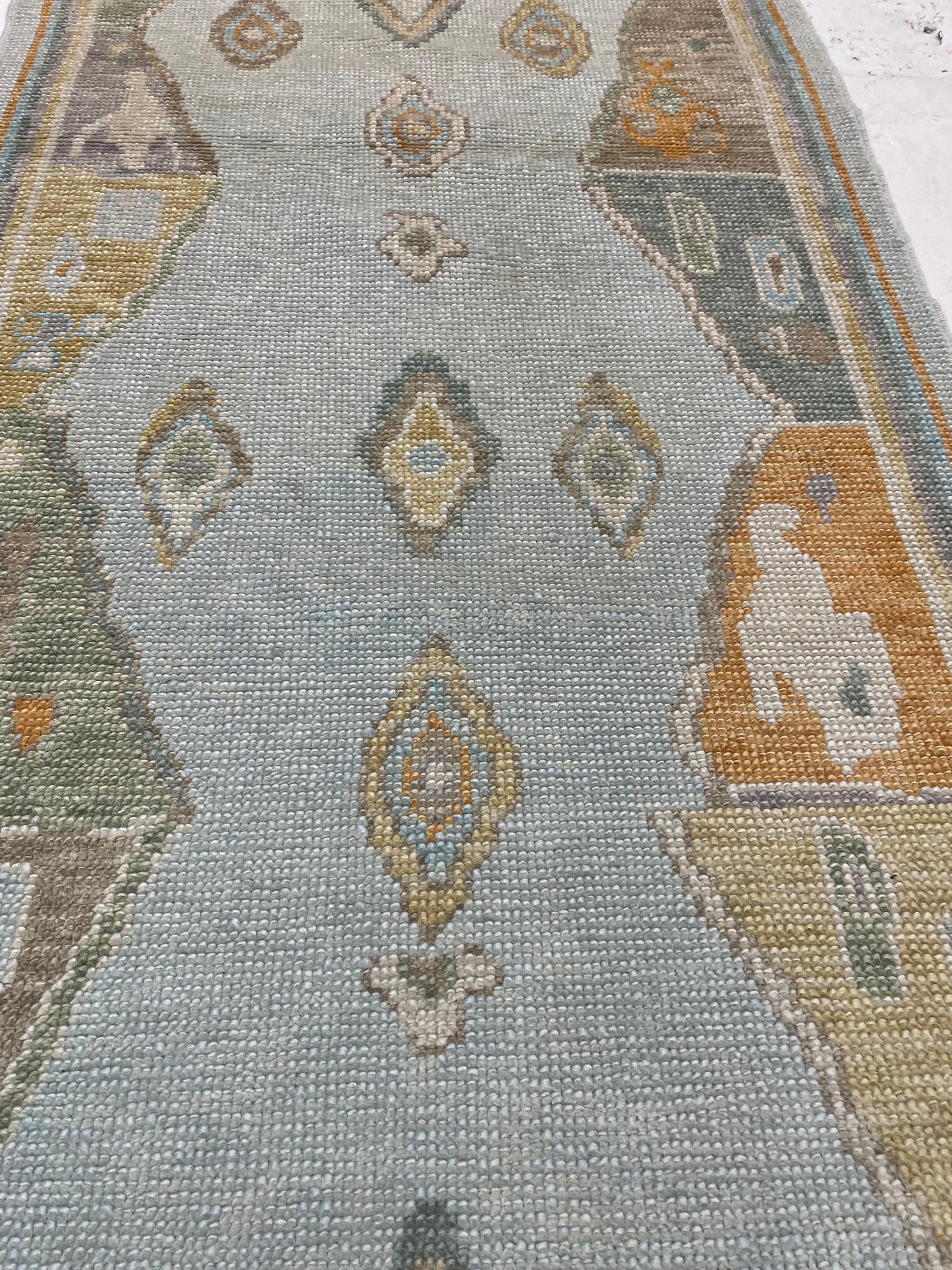 Hand-Knotted Wool Runner Turkish Oushak 3' x 11'