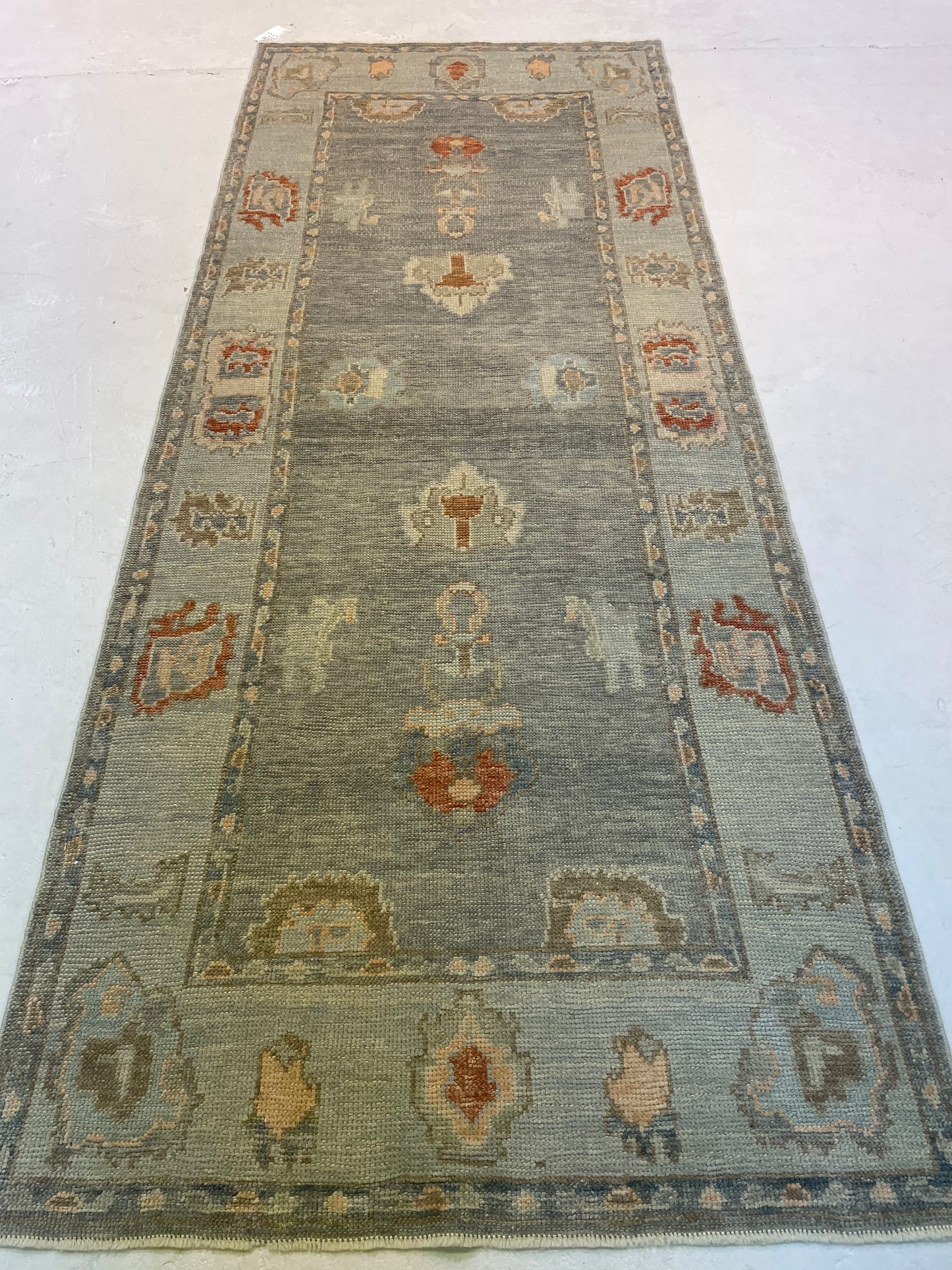 Hand-Knotted Wool Runner Turkish Oushak 3'10" x 9'8"