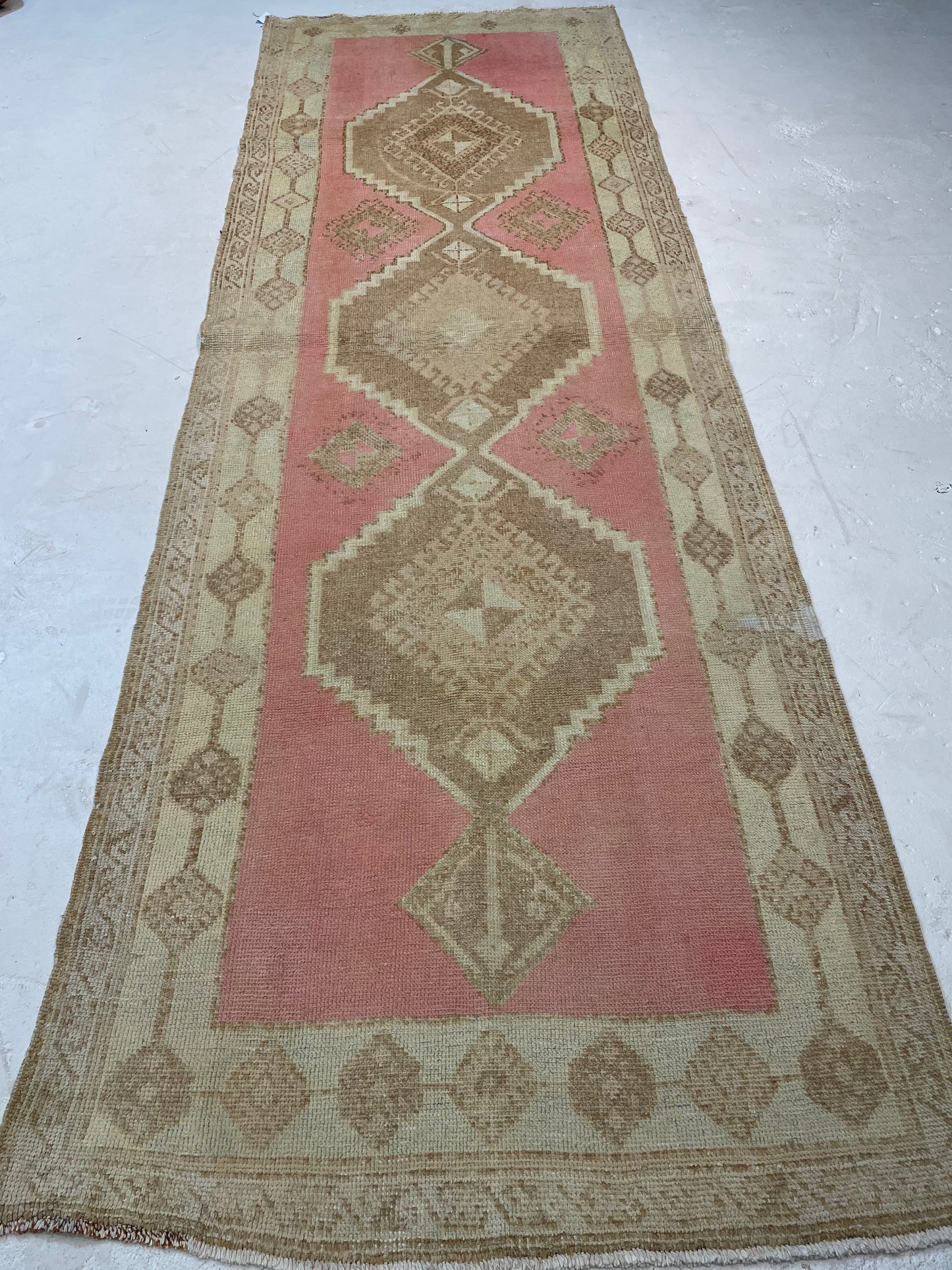 Hand-Knotted Wool Runner Turkish Oushak 3'8" x 10'11"