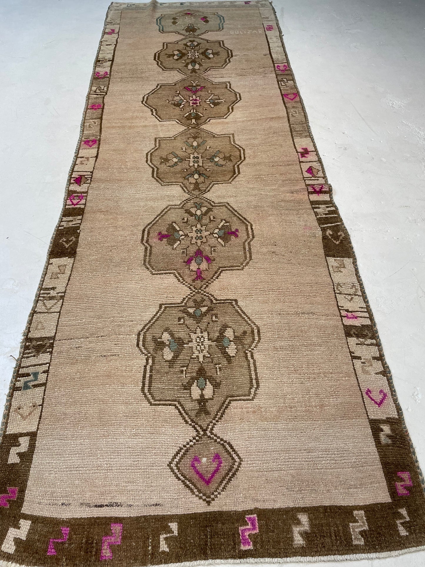 Hand-Knotted Wool Runner Turkish Oushak 3'7" x 10'6"