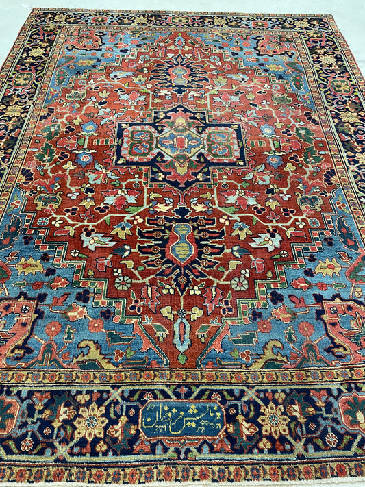 Hand-Knotted Wool Rug Heriz Serapi Signed 7'1" x 9'2"